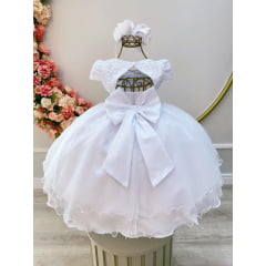 Vestido Infantil Branco C/ Renda e Aplique de Flores Borboletas