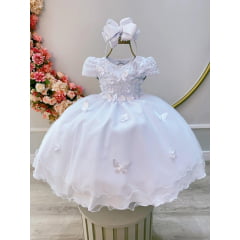 Vestido Infantil Branco C/ Renda e Aplique de Flores Borboletas