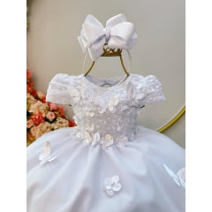 Vestido Infantil Branco C/ Renda e Aplique de Flores Borboletas