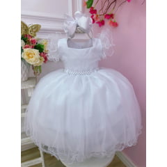 Vestido Infantil Branco C/ Strass no Busto e Cinto de Pérolas