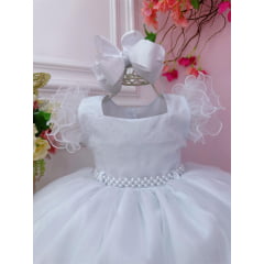 Vestido Infantil Branco C/ Strass no Busto e Cinto de Pérolas