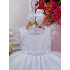 Vestido Infantil Branco C/ Strass no Busto e Cinto de Pérolas