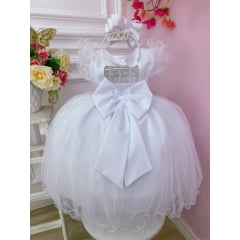 Vestido Infantil Branco C/ Strass no Busto e Cinto de Pérolas