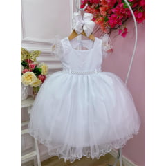 Vestido Infantil Branco C/ Strass no Busto e Cinto de Pérolas