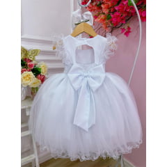 Vestido Infantil Branco C/ Strass no Busto e Cinto de Pérolas