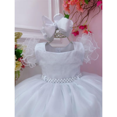 Vestido Infantil Branco C/ Strass no Busto e Cinto de Pérolas