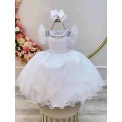 Vestido Infantil Branco Com Cinto de Pérolas Daminhas