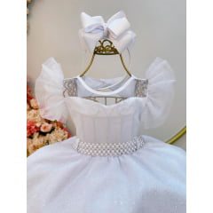 Vestido Infantil Branco Com Cinto de Pérolas Daminhas