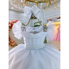 Vestido Infantil Branco Com Cinto de Pérolas Daminhas