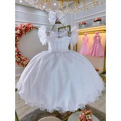 Vestido Infantil Branco Com Cinto de Pérolas Daminhas