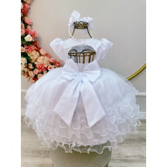 Vestido Infantil Branco Com Pérolas e Saia Babados Luxo