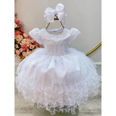 Vestido Infantil Branco Com Pérolas e Saia Babados Luxo