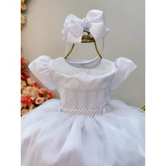 Vestido Infantil Branco Com Pérolas e Saia Babados Luxo