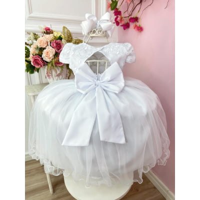 Vestido Infantil Branco Com Renda e Aplique de Flores Festas