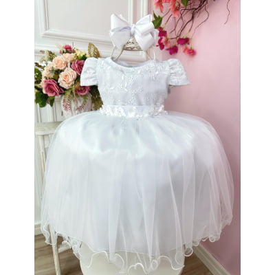 Vestido Infantil Branco Com Renda e Aplique de Flores Festas