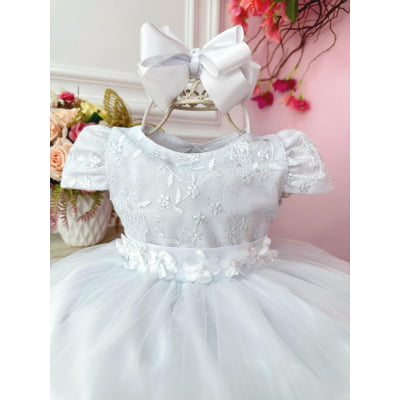 Vestido Infantil Branco Com Renda e Aplique de Flores Festas