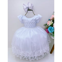 Vestido Infantil Branco Peito C/ Nervura Pérolas Daminhas