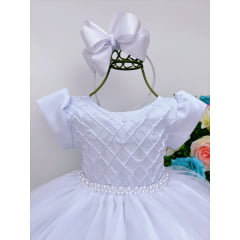 Vestido Infantil Branco Peito C/ Nervura Pérolas Daminhas