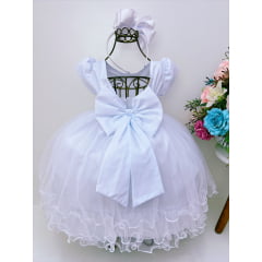 Vestido Infantil Branco Peito C/ Nervura Pérolas Daminhas