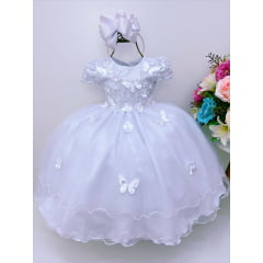 Vestido Infantil Branco Renda e Aplique de Borboletas Flores