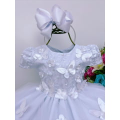 Vestido Infantil Branco Renda e Aplique de Borboletas Flores