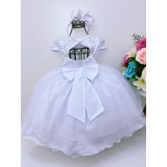 Vestido Infantil Branco Renda e Aplique de Borboletas Flores