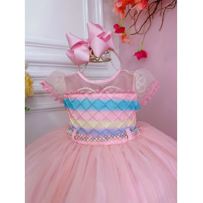 Vestido Infantil Colorido Pompons + Tiara ou Laço