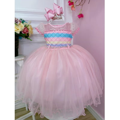 Vestido Infantil Colorido Pompons + Tiara ou Laço