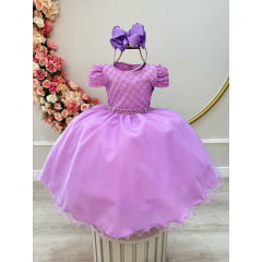 Vestido Infantil Lilás Busto Nervura Strass Daminhas