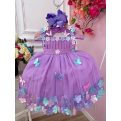 Vestido Infantil Lilás Busto Plissado Com Flores Borboleta