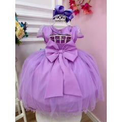 Vestido Infantil Lilás Busto Plissado Com Flores Borboleta