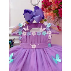 Vestido Infantil Lilás Busto Plissado Com Flores Borboleta