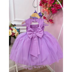 Vestido Infantil Lilás Busto Plissado Com Flores Borboleta