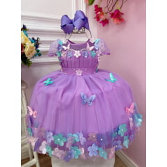 Vestido Infantil Lilás Busto Plissado Com Flores Borboleta