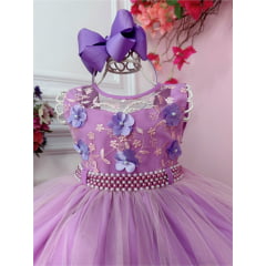 Vestido Infantil Lilás C/ Aplique de Flores e Renda Luxo