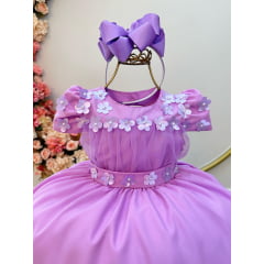 Vestido Infantil Lilás C/ Busto Tule e Aplique de Flores