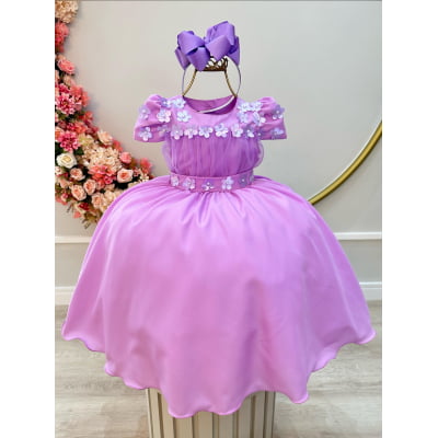Vestido Infantil Lilás C/ Busto Tule e Aplique de Flores