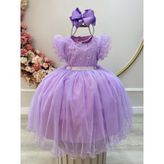 Vestido Infantil Lilás C/ Cinto de Pérolas e Busto Damas