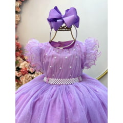 Vestido Infantil Lilás C/ Cinto de Pérolas e Busto Damas