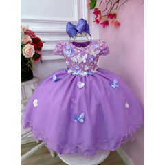 Vestido Infantil Lilás C/ Renda e Aplique Flores Borboletas