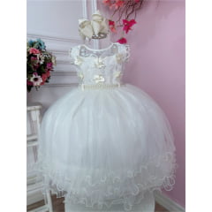 Vestido Infantil Off White C/ Aplique de Flores e Renda Luxo