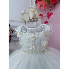 Vestido Infantil Off White C/ Aplique de Flores e Renda Luxo