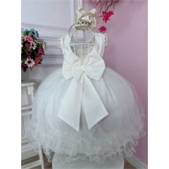 Vestido Infantil Off White C/ Aplique de Flores e Renda Luxo