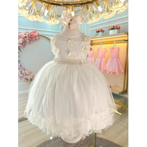 Vestido Infantil Off White C/ Aplique de Flores e Renda Luxo