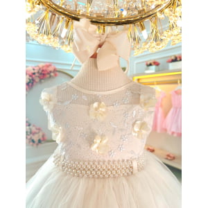 Vestido Infantil Off White C/ Aplique de Flores e Renda Luxo