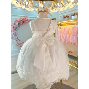 Vestido Infantil Off White C/ Aplique de Flores e Renda Luxo