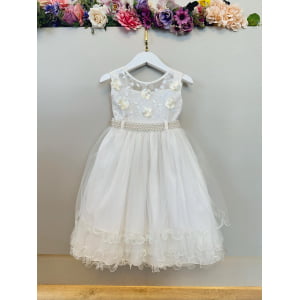 Vestido Infantil Off White C/ Aplique de Flores e Renda Luxo