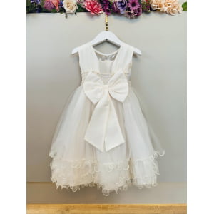 Vestido Infantil Off White C/ Aplique de Flores e Renda Luxo
