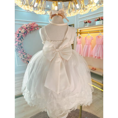 Vestido Infantil Off White C/ Aplique de Flores e Renda Luxo