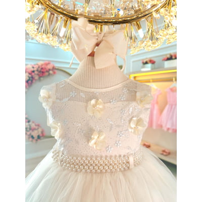 Vestido Infantil Off White C/ Aplique de Flores e Renda Luxo